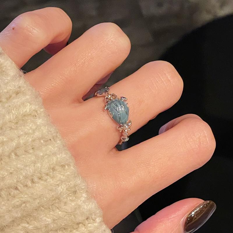 Sea Blue Fashion Dripping Oil Niche High-End Open Ring Zircon Light Luxury Love Accessories Women