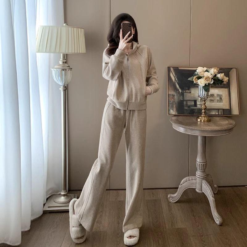 Europäischer Stil Kapuzen-Fleece-Sweatshirt & Weitbein-Hosen Set für Damen - Herbst/Winter Mode Freizeit Sportbekleidung Zweiteiliges Set