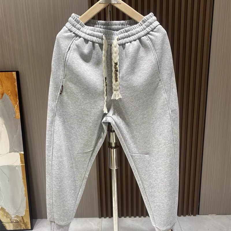 Korean Trendy Autumn New Plus Velvet Men Solid Elastic Waist Pocket Drawstring Fashion Versatile Sports Loose Harem Sweatpants