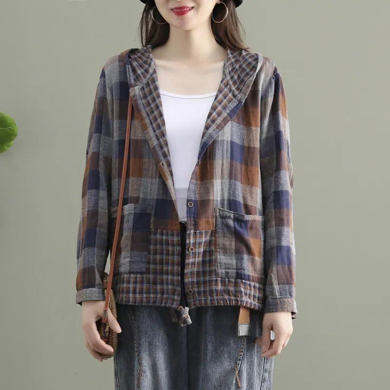 Artistic Retro Checkered Long Sleeved Shirt for Women Spring Autumn Drawstring Tied Casual Short Cardigan Jacket