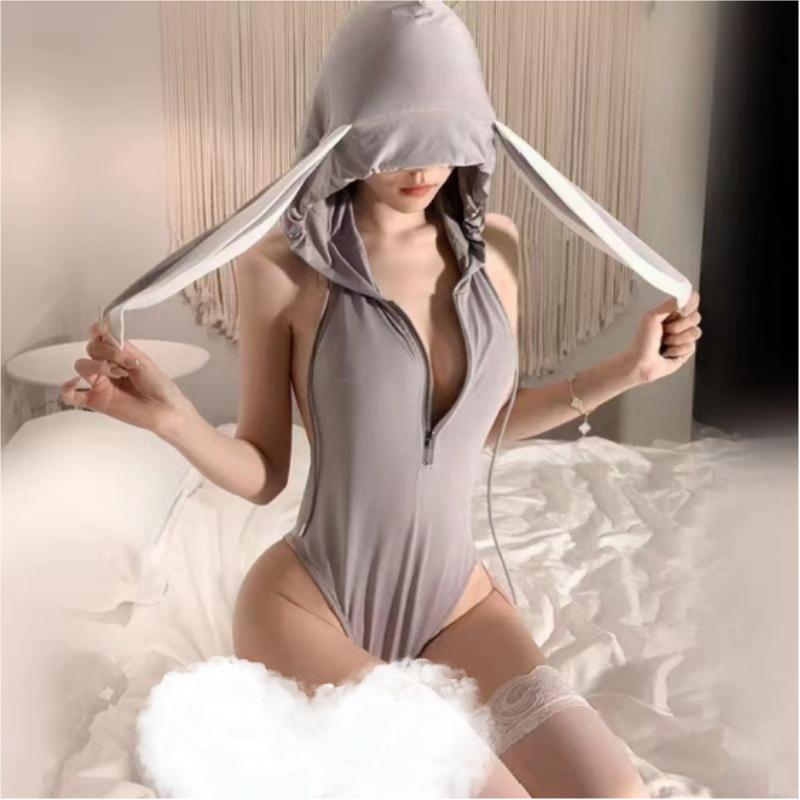 Sexy Lingerie Costume Bunny Girl Body Suit Bunny Gray Women Zipper Backless Long Rabbit Ears Hoodie Pajamas Cosplay Costume