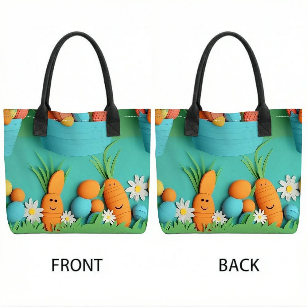 Easter Cartoon Tote Bag Cute Rabbit Carrot Pattern Outdoor Portable Large Capacity Handbag
