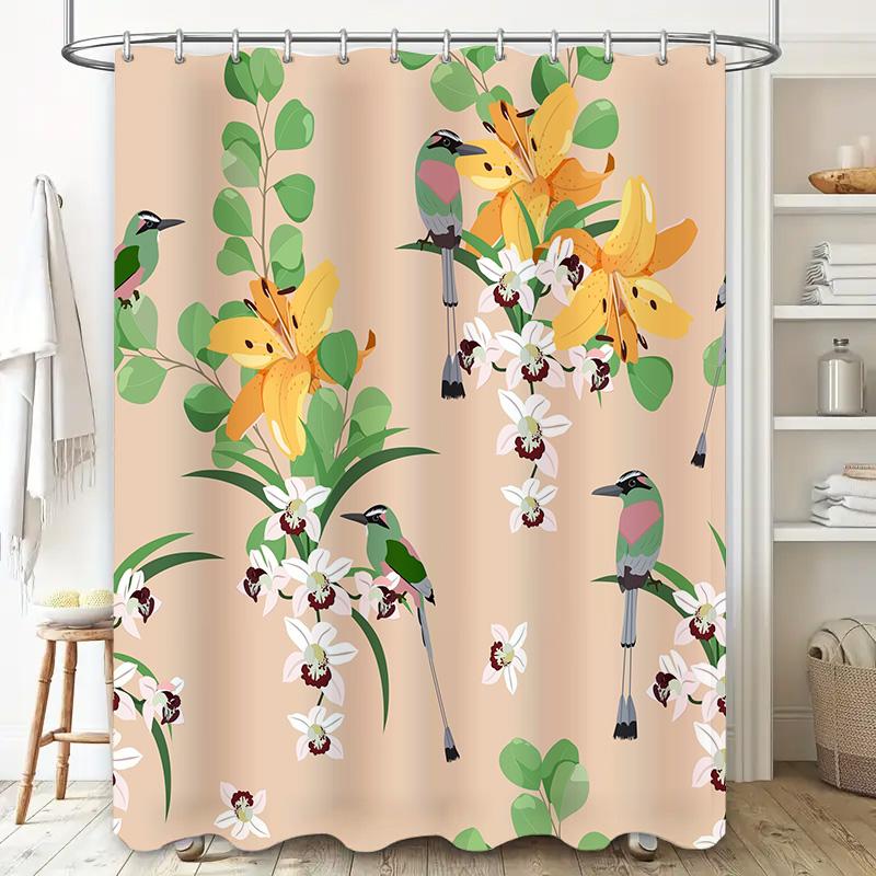 Badvorhänge Floral Duschvorhang Wasserdicht Badezimmer Dekor Set Cartoon Bunte Vögel Blätter 3D Gedruckt Waschbar Sondergröße