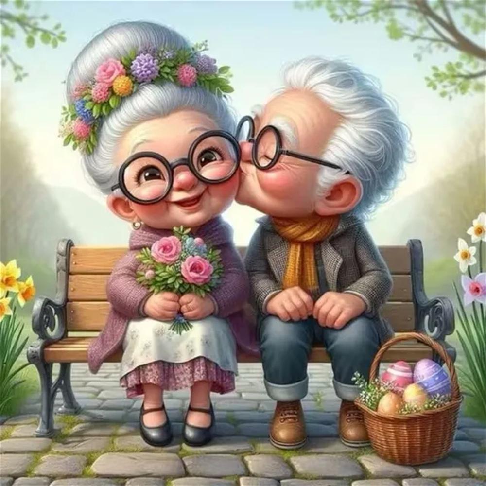 Cartoon Happy Old Couple 5D Full Round Diamond Painting Kits, Cute Grandma and Grandpa DIY Drills Mosaic Embroidery Cross-stitch