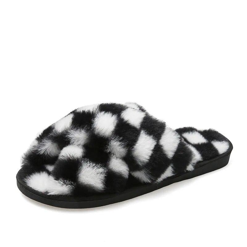 Autumn Winter Women'S Outer Wear Flat-Bottom Sandals Indoor Warm Fluffy Slippers Plaid Comfortable Cross Bunny Fur Slippers
