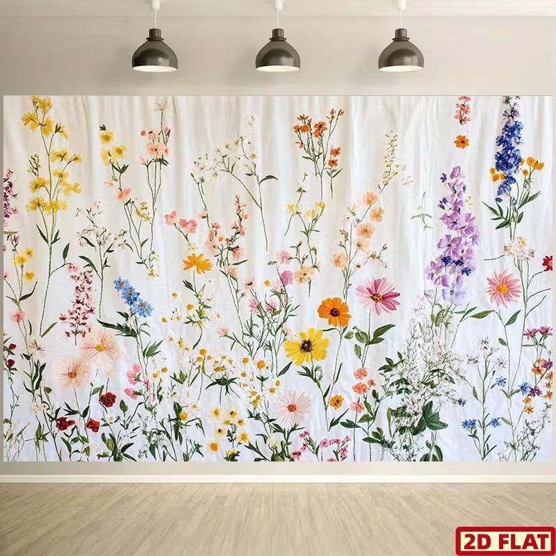 Colorful Wildflower Botanical Tapestry Watercolor Floral Background Cloth for Photoshoot, Baby Shower and Room Decor