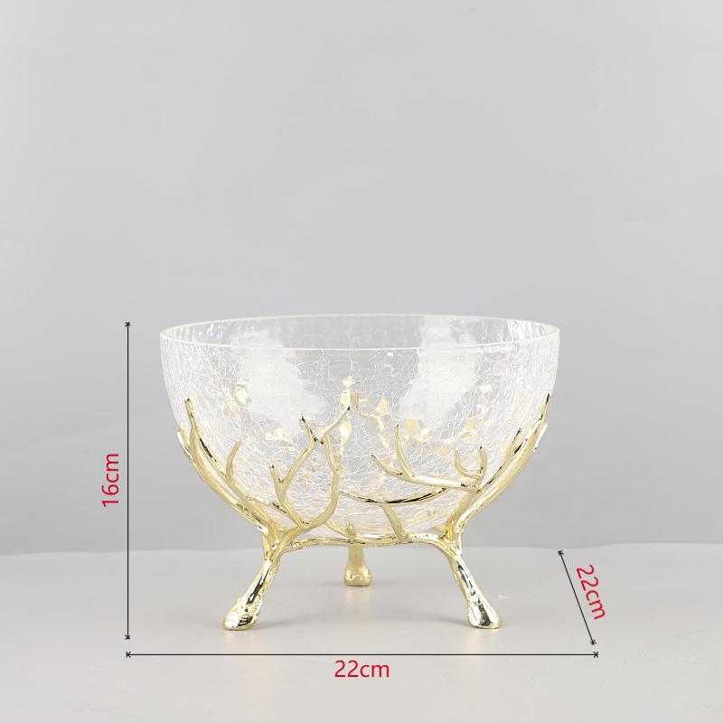 Ice Cracked Texture Fruits Bowl Golden Branches Bracket Glass Storage Tray Snacks and Nuts Bowl Home Kitchen Dessert Cutlery