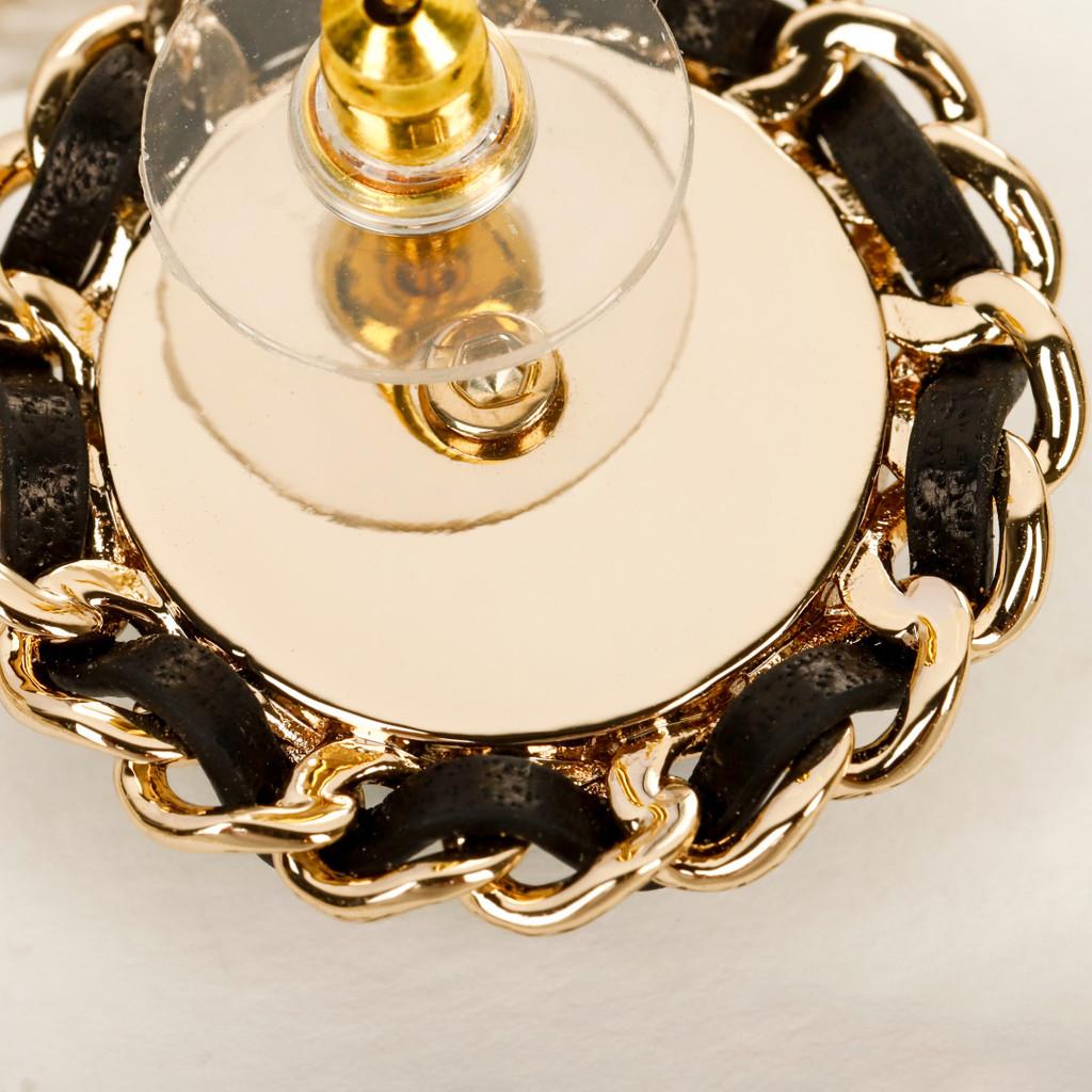 Logolu Deri giyen denim yuvarlak küpeler kumaş deseni, saf el yapımı deri giyen donanım işçiliği, narin doku