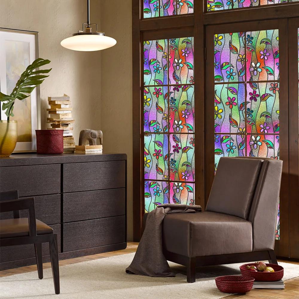Colorful Stained Glass Window Film Retro Flowers Pattern Non-adhesive Window Decals Static Clings Non-Adhesive Window Stickers
