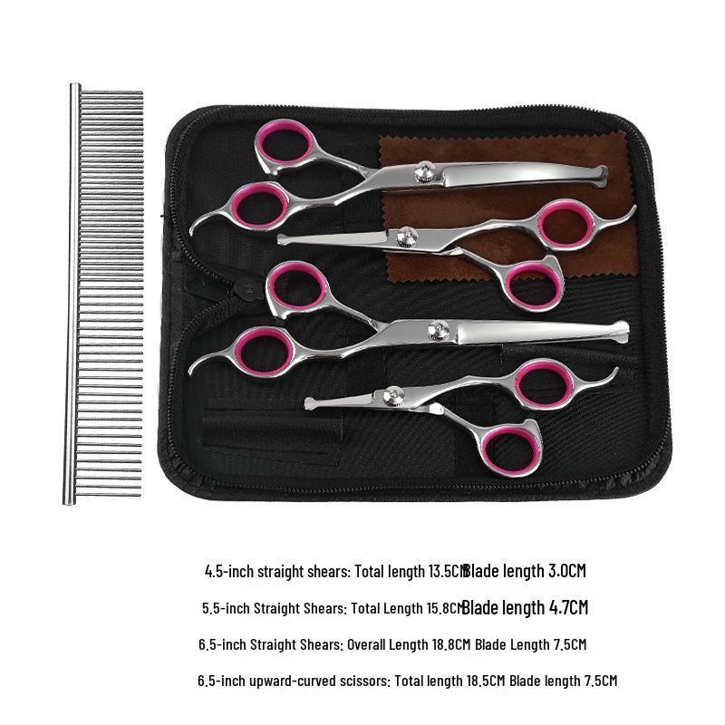 All-Steel Pet Grooming Scissors Set: Flat-Tooth & Curved Trimmers for Dog Hair Care.