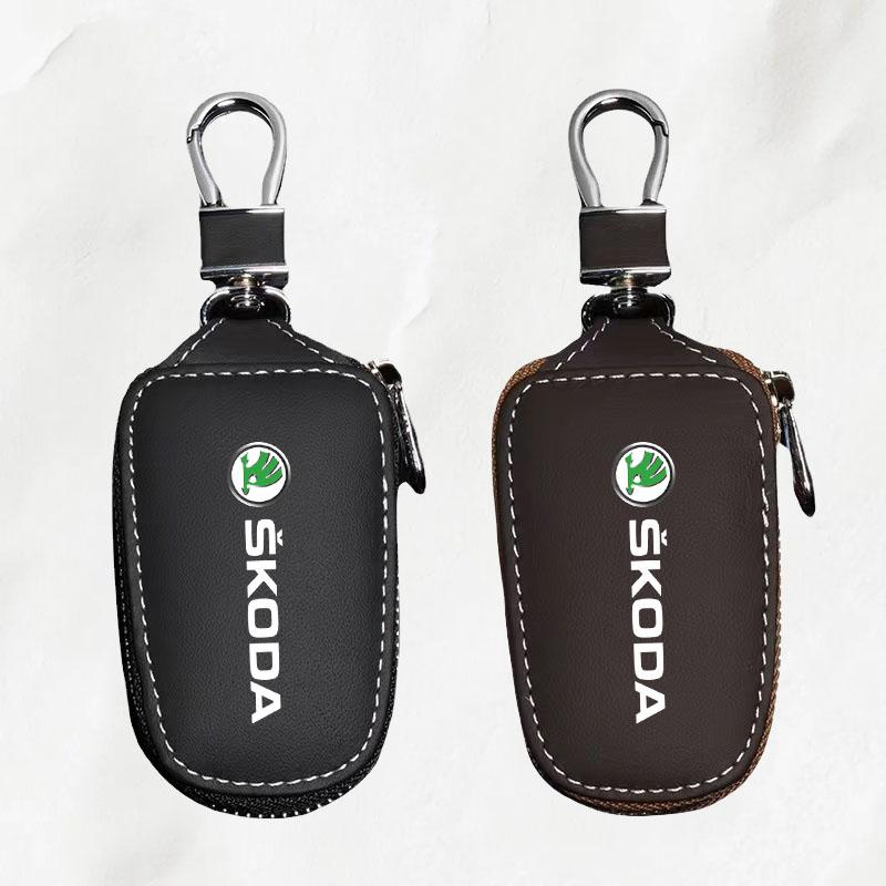 LQLT3 Leather Car Key Case Keychain for Skoda Kodiaq Rapid Fabia Enyaq Superb Octavia Karoq Key Cover Protector Bag Accessories