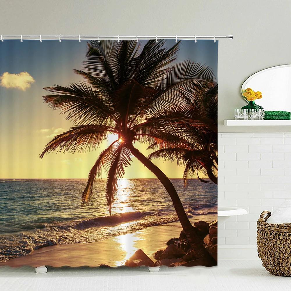 Coastal Scenery Shower Curtain with Hooks    Fresh Seaside Vibe Decor for Bathrooms, Reinforced Eyelets & Easy To Clean
