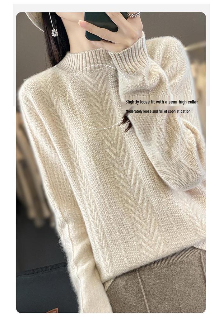 2025 Autumn/Winter Women's Loose Warm Knit Pullover with Half-High Neck and Raglan Sleeves in Korean Style