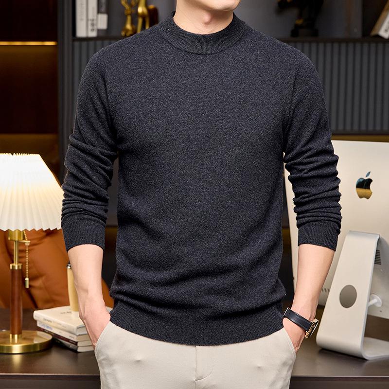 Men’s Autumn-Winter Pure Wool Machine Washable Sweater, Thickened, Half-High Collar, Warm Base Layer