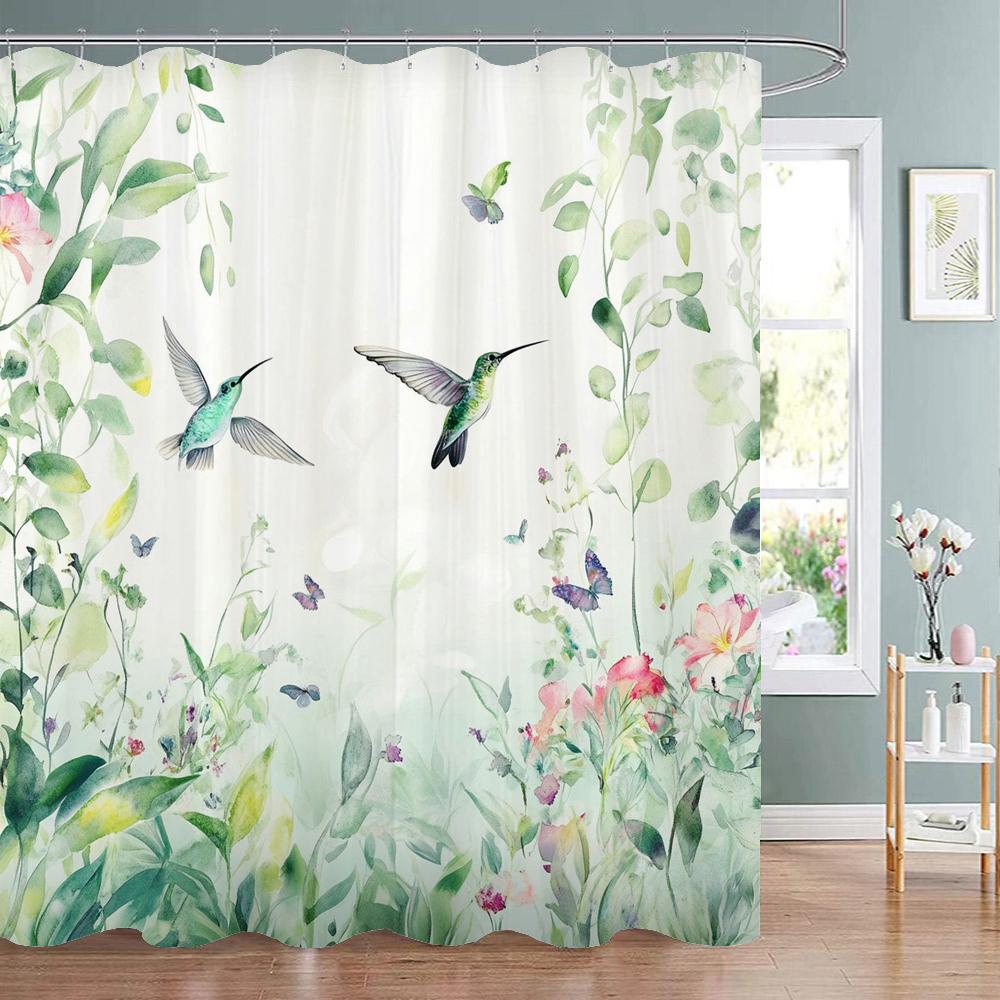 Spring Flowers and Plants Birds Shower Curtain, Bathroom Decorative Shower Curtain, Waterproof Shower Curtain with Hooks