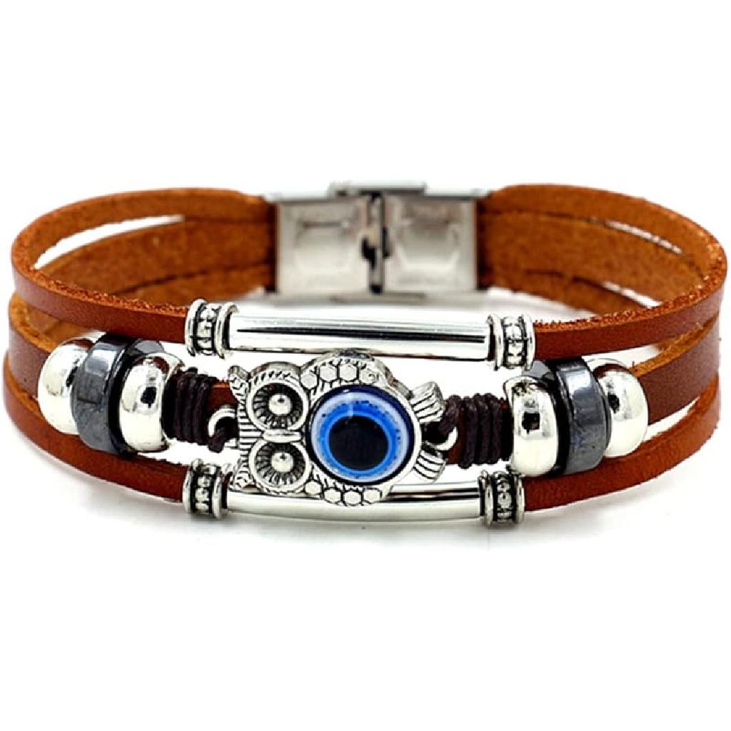 Caiyao Punk Ethnic Layered Leather Evil Eye Bead Cuff Bracelet Adjustable Braided Woven Hamsa Hand Wrap Elephant Owl Animal Wristband for Women Men