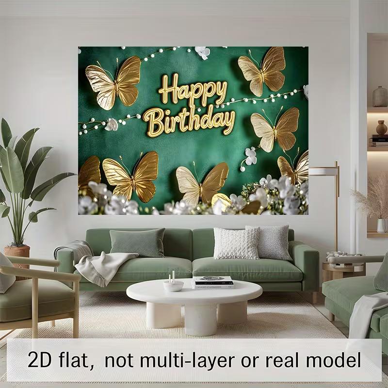 

2D Green Gold Happy Birthday Backdrop, Butterfly Themed Party Photo Booth Banner 47.2x31.5inch/120*80cm