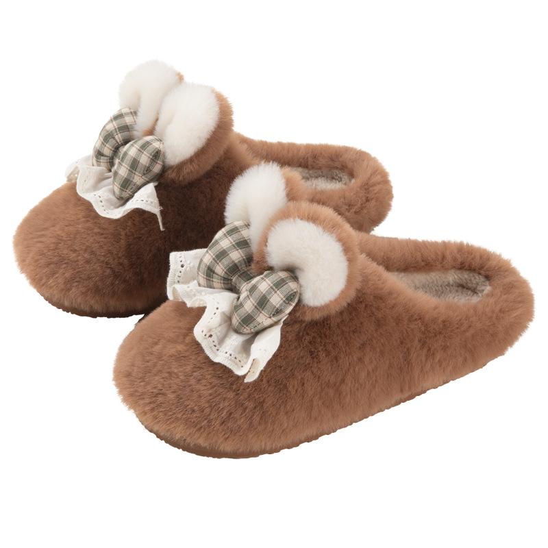 Warm edge sweet bow fluffy slippers women's autumn and winter plush warm cotton slippers home plush slippers