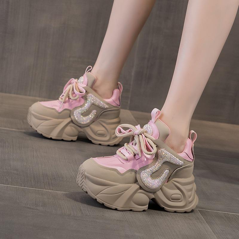 Fashion 7CM New Genuine Leather Platform Wedge Women Spring Autumn Chunky Sneakers 2024 Fashion Boots Bling Vulcanize Well-fitting Shoes