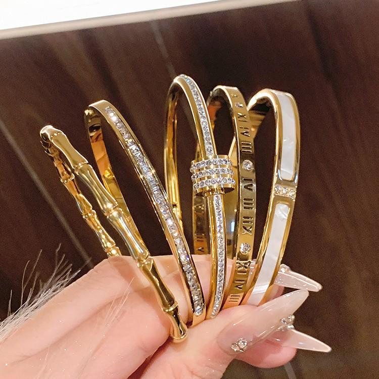 18k Gold Oval Bracelet with Full Star Diamond, Non-Fading Titanium Steel Bangle for Men & Women