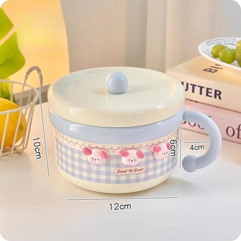 Cute Stainless Steel Ramen Bowl With Lid Kawaii Large Instant Noodles Fruit Salad Rice Soup Bowl Kitchen Tableware Women Gift