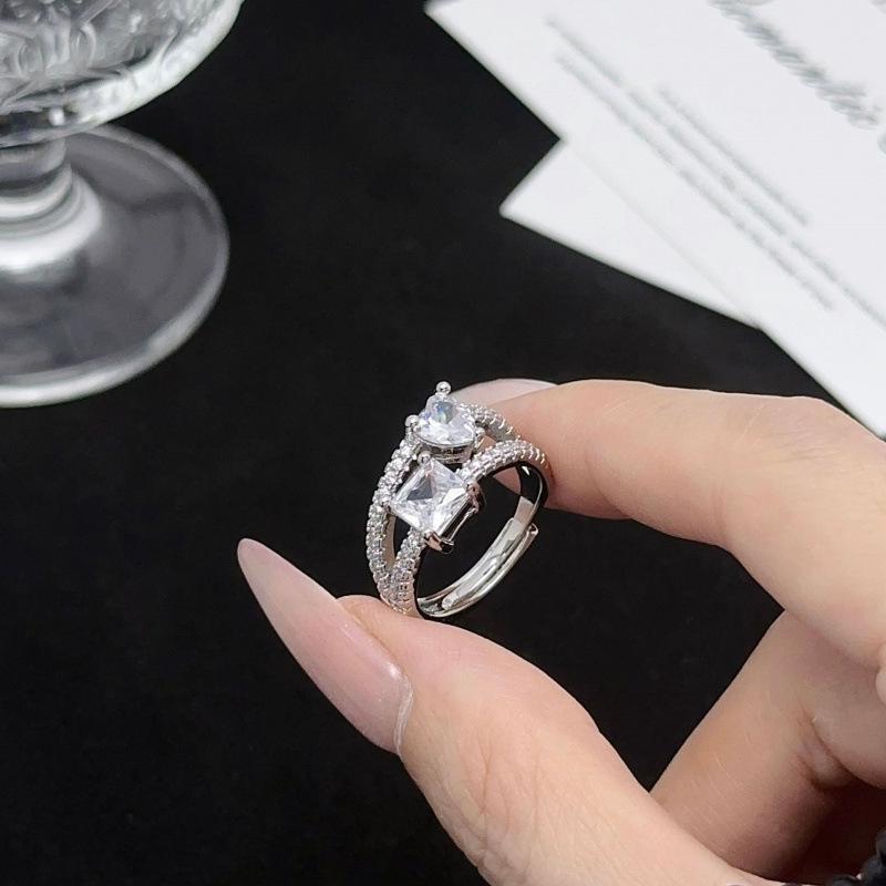 Elegant Zirconia Diamond Open Ring for Women - Luxurious French Design Adjustable Open