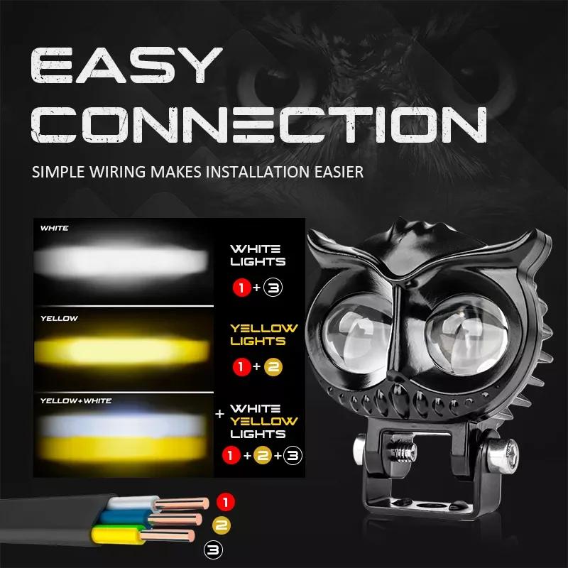 Motorcycles Led Headlight Fog Light Car Dual Color Owl Design Head Light ATV Scooter for Auxiliary Spotlight Lamp Accessories