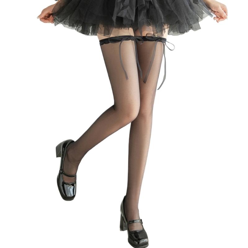 Japanese Cute Lace Up Silk Over Knee Long Socks for Women JK Girl Sweet Ribbon Bowknot Thin Thigh High Stockings Hosiery