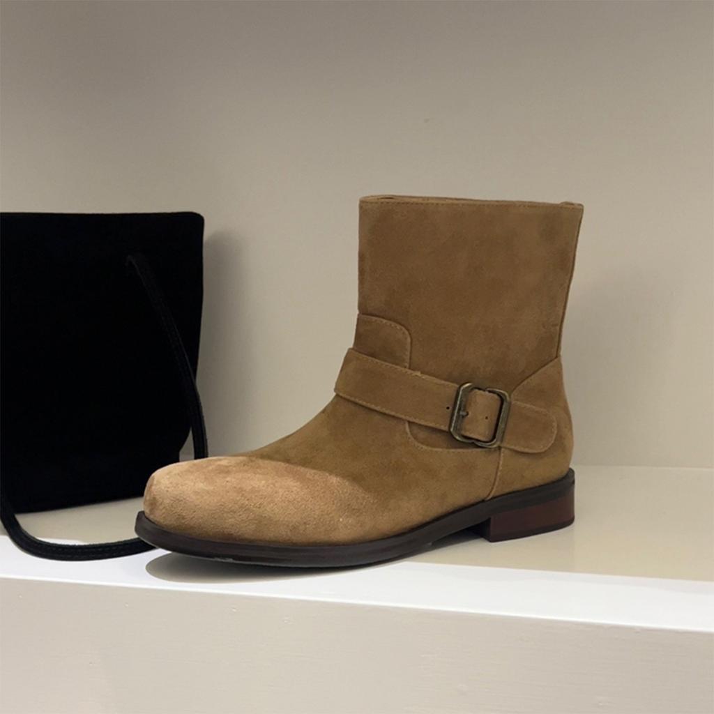 Cowhide Version~ New Korean Version Round Head Belt Buckle Short Boots Women's Leather Low-heeled Short Ankle Boots Flat-bottomed Medium Boots