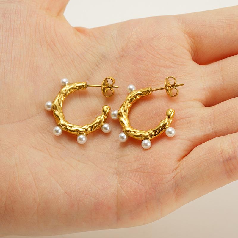 18K Geometric Retro Style Stud Earrings with Stainless Steel Diamond-Set Design for Women