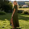 Women’s Short Sleeve Round Neck High Low Hem Maxi Dress with Front Slit Relaxed Fit Casual Style for Everyday Wear
