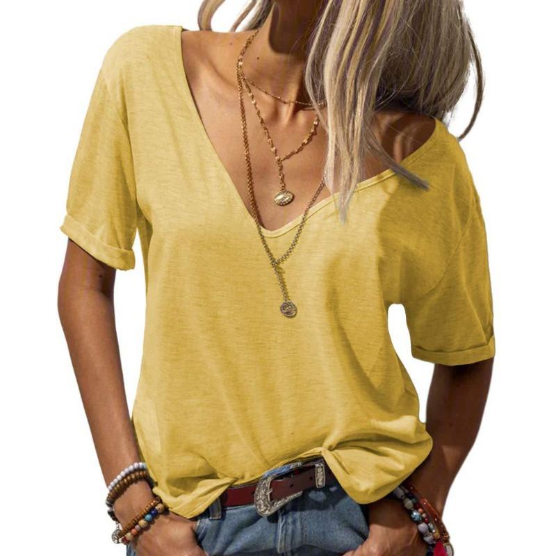 Trendig Djupt V-ringad Kortärmad Topp Enfärgad Casual Lös Grundläggande Stil Dam T-shirts