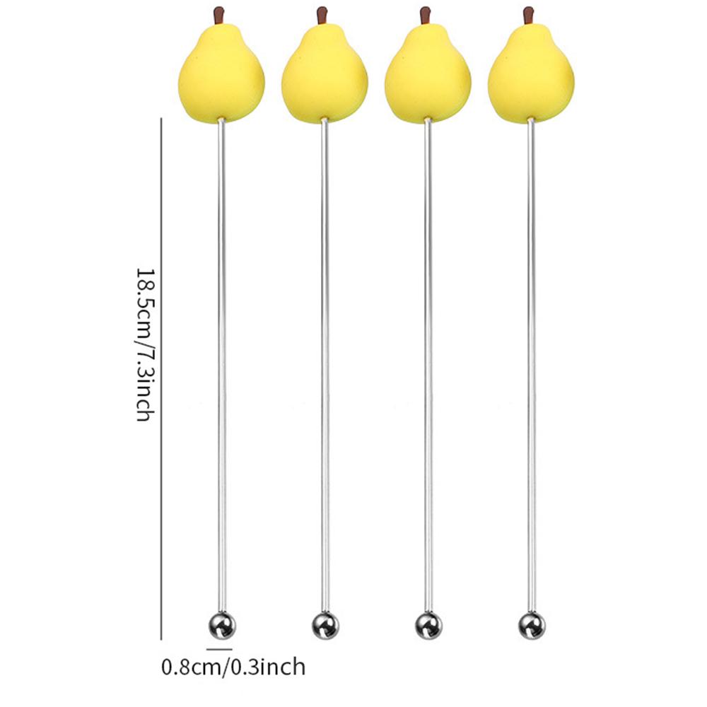 4Pcs Silicone Fruits Head Stainless Steel Stirring Rod Long Handle Cocktail Drink Mixing Sticks Mixer Barware Muddler Bar Accessories