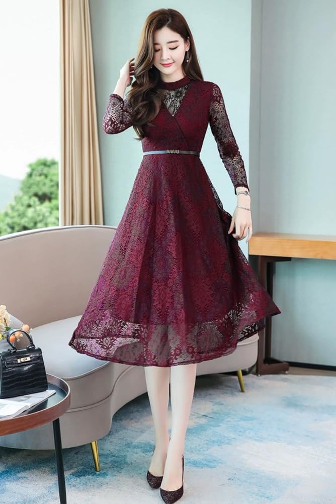 Long Midi Perfect for Party and Formal Beautiful [Chubikime] Women's All-Lace Dress, Sleeves, Length, A-Line, Lined, Belted, Slimming, Weddings,