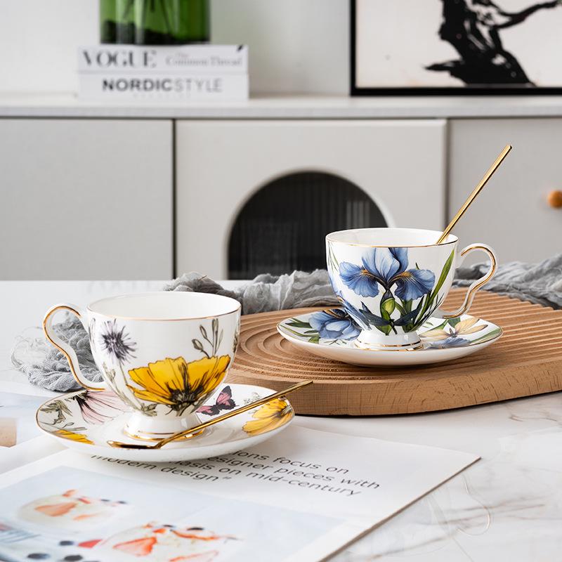 Exquisite Bone China Coffee Cup & Saucer Set - Hand-Painted Blooming Iris Design, Perfect Birthday Gift
