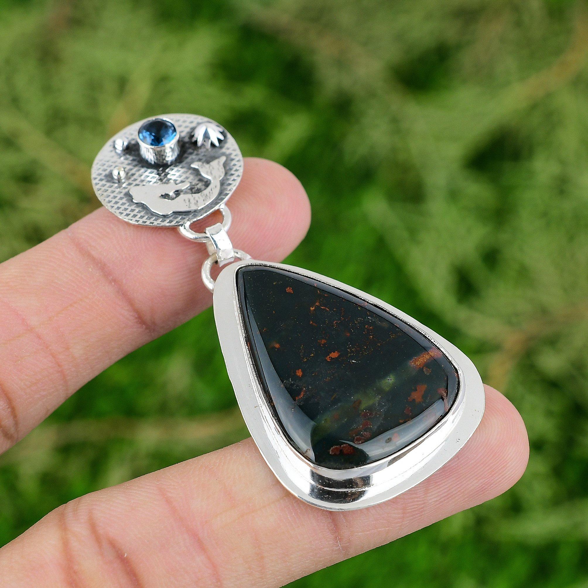 

Sterling Silver March Natural Bloodstone Tanzanite Quartz Mother Mermaid Pendant