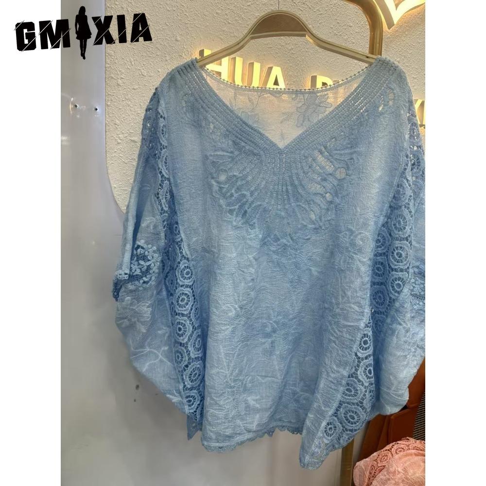 

GMXIA Женские модные повседневные однотонные блузки и рубашки с короткими рукавами и круглым вырезом с принтом one size небесно-голубой