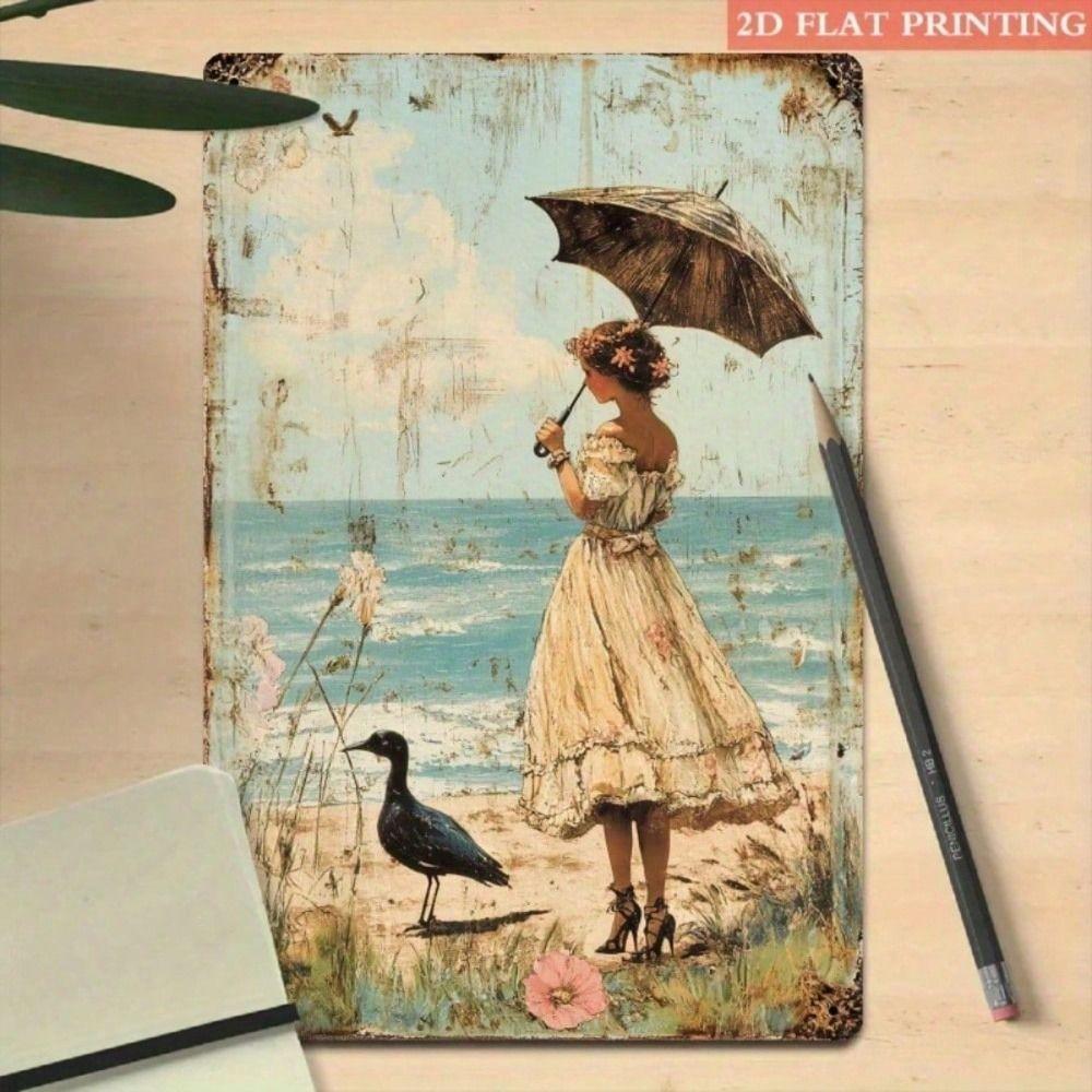 Vintage Lady with Umbrella Metal Poster Wall Art Turquoise Gold