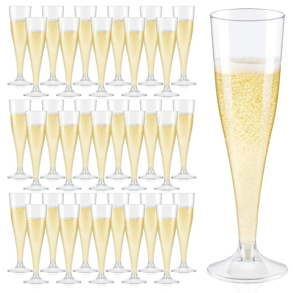 4.5 Oz Gold Glitter Disposable Champagne Flute - High-Stem Plastic Red Wine or Cocktail Glass