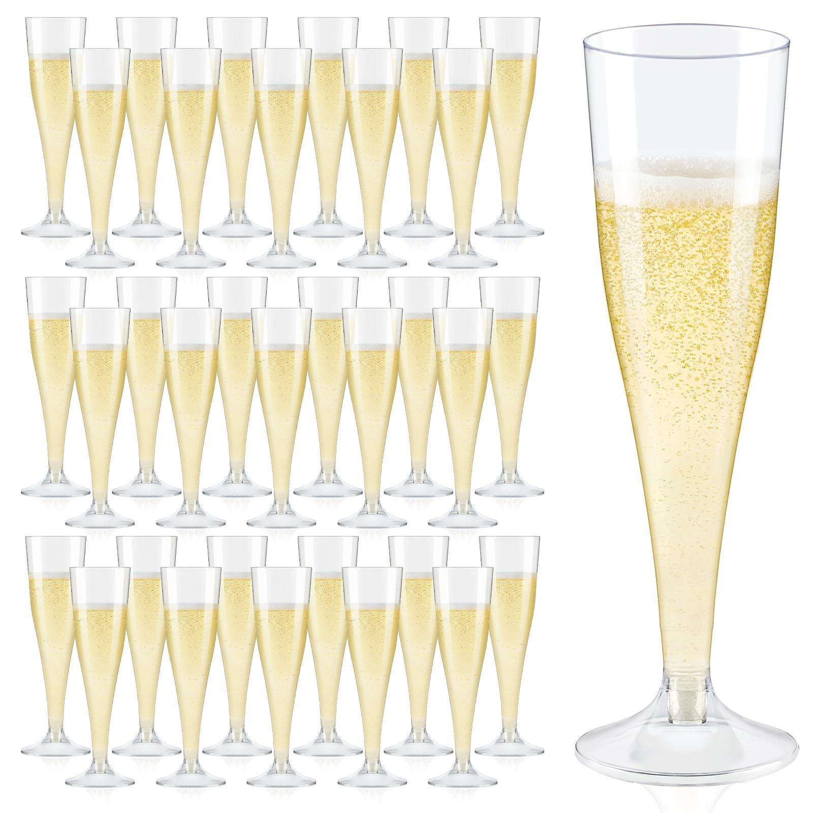 4.5 oz Gold Glitter Disposable Champagne Flute - High-Stem Plastic Red Wine or Cocktail Glass