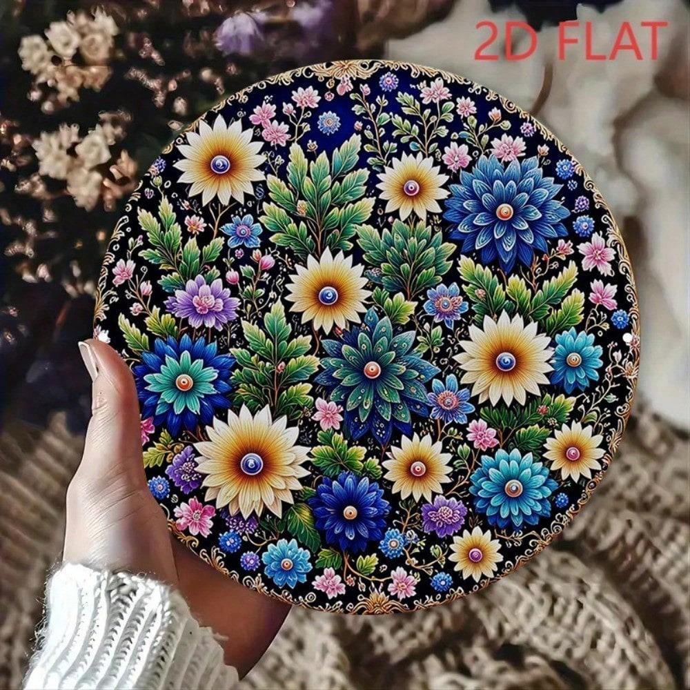 Vintage Round Mandala Metal Wall Art 8 Inch Turquoise Blue Golden Boho Decor Aluminum Sign Home Bar
