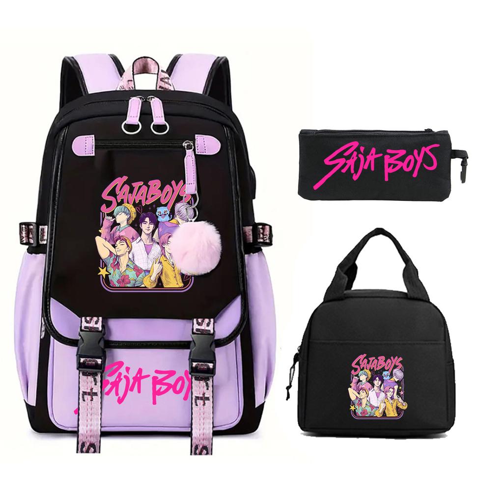 Animation Cartoon Printing Student Schoolbag Three-Piece Set Campus Trend Men And Women Versatile Casual Backpack Large Capacity