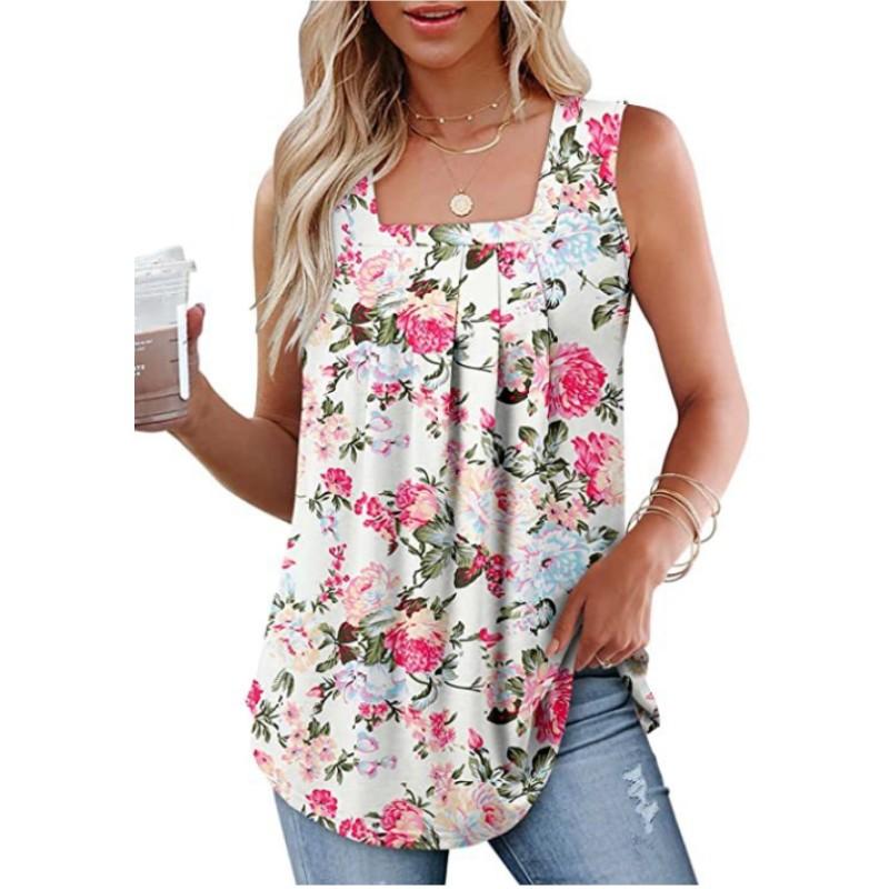 T-shirt da donna estiva senza maniche con scollo quadrato stampata, temperamentale, comoda, canotta larga