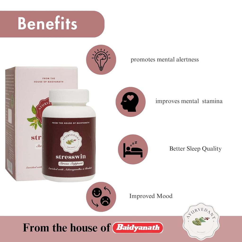 Baidyanath Ayurvedant Stresswin Capsules For Stress Support & Mental Stamina | Withanolides 5% & Saponin 20% | 60 Caps + 8 g Free Toothpaste