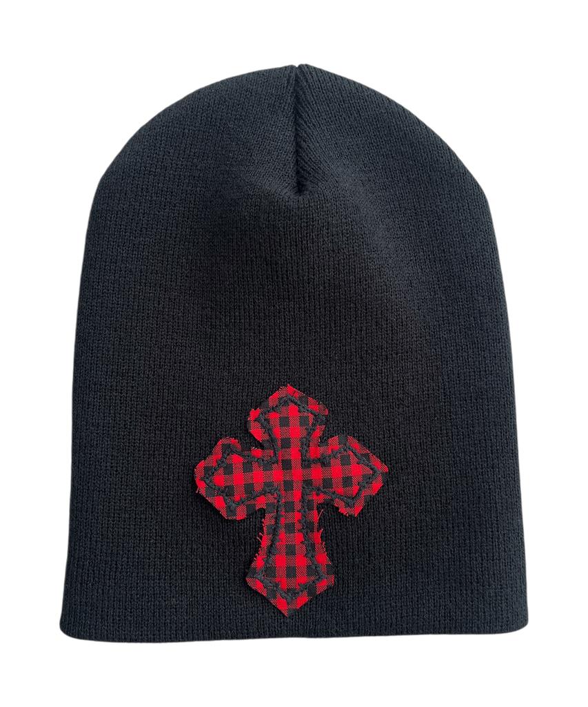 SK8ER ROCK Cross Patchwork Beanie ((Check*Black))