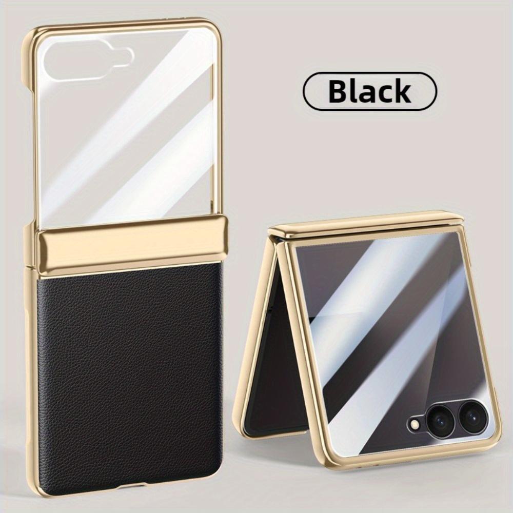 For Samsung Galaxy Z Flip 7 6 Flip7 Flip6 Phone Case with Screen Protector & Hinge Protection PU Leather Plating Frame Cover