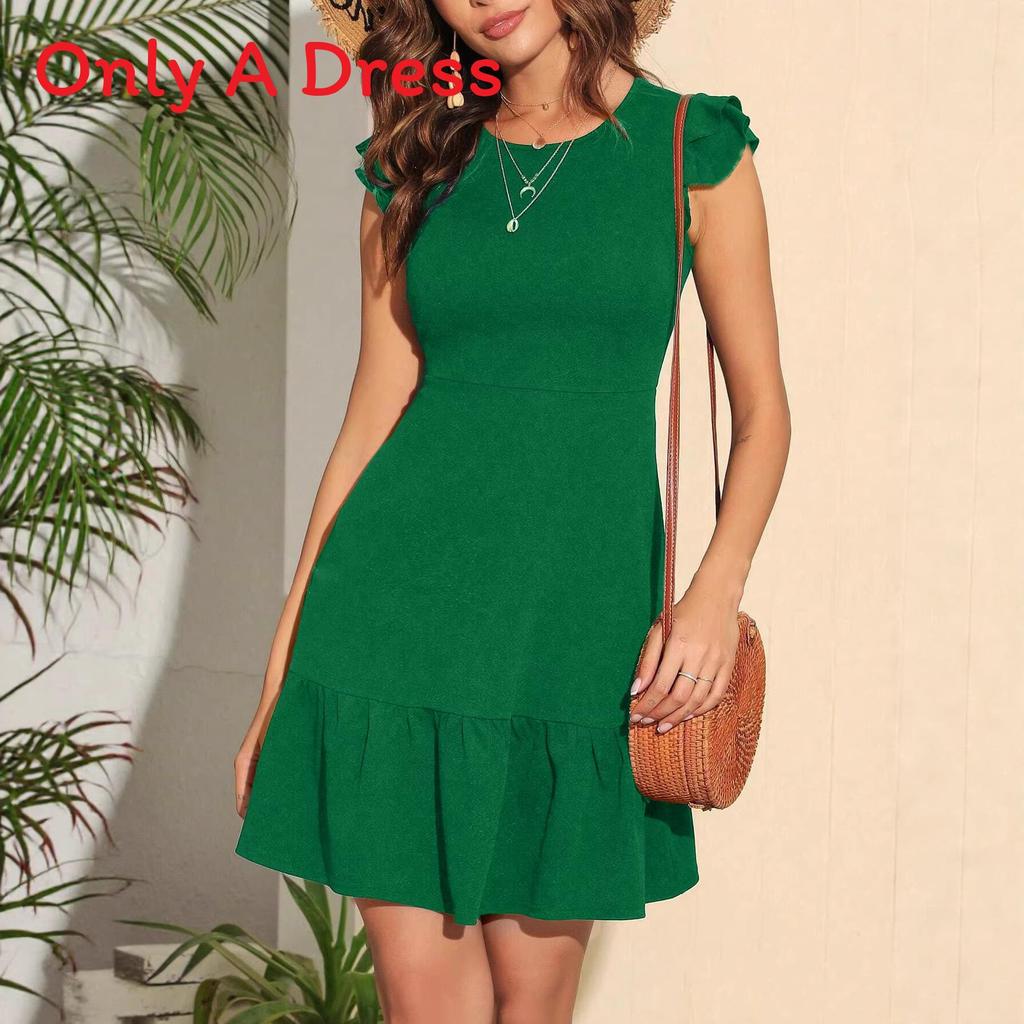 Knit Fabric A Line Dress With Ruffle Sleeves For Summer Beach Vacation