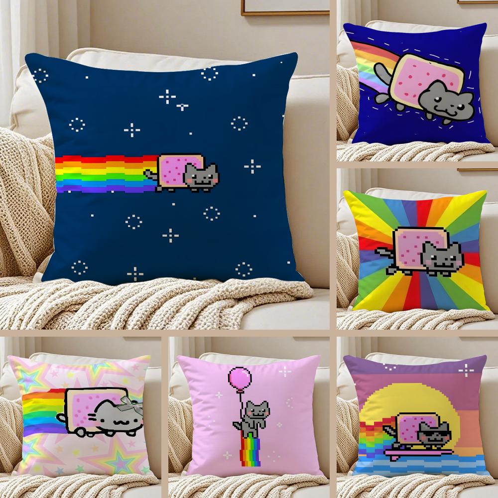 Exquisite Fashion Items Unisex Cute Meme Character N-Nyan Cat Cushion Cover Pillowcase Anti-Dustmite Invisible Zipper Short Plush Sofa Cushion