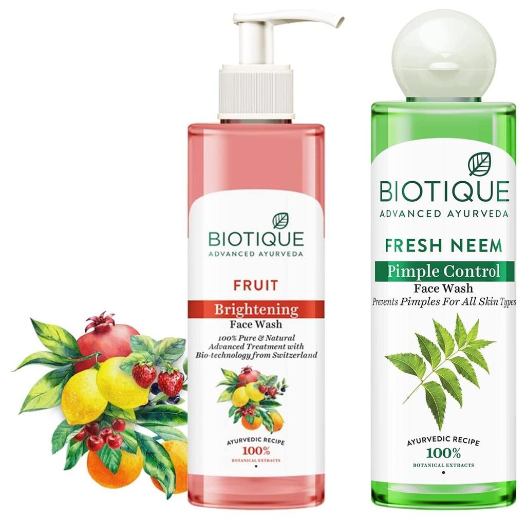 Biotique Fruit Brightning Face Wash, 200ml & Biotique Fresh Neem Pimple Control Face Wash Prevents Pimples For All Skin Types, 200ml