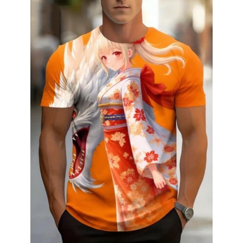 Men's Anime 3D Full Body Print T-Shirt - Manga Dragon and Kimono Samurai Design